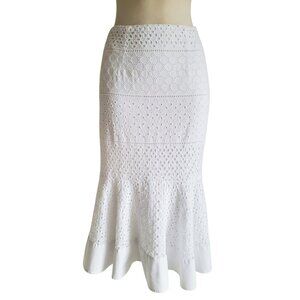 Gianni Bini White 100% Cotton Feminine Fishtail Eyelet Ruffle Hem Skirt M